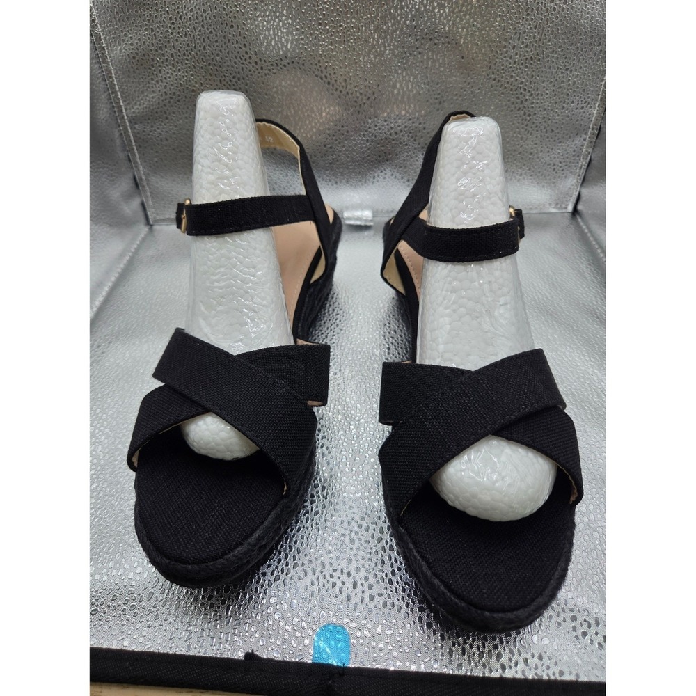 Black Canvas Crisscross Espadrille Wedge Sandals Size 42 Ankle Strap Low Heel